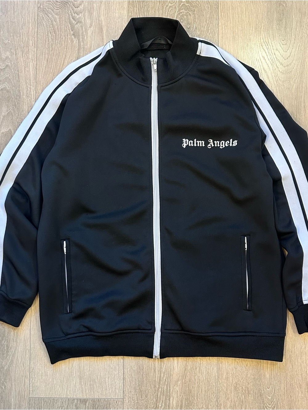 Palm Angels Black Zip-Up Track Jacket with White Stripes